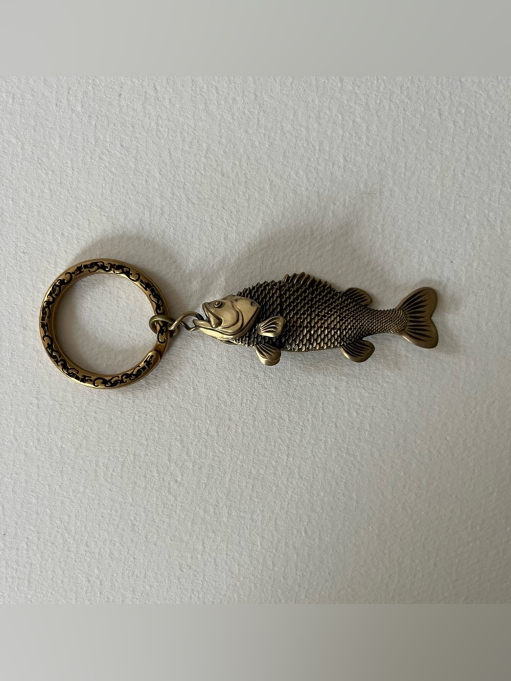 Brass Articulated Fish Keychain Pendant Gold Tone Dragon Engraved Key Ring ~3.5”